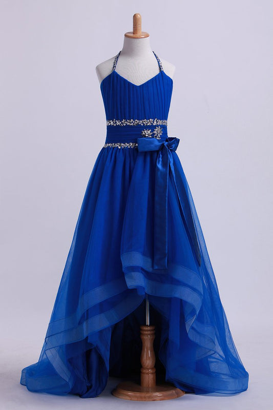 2024 Dark Royal Blue Halter A Line High Low Flower Girl Dresses Beaded Tulle