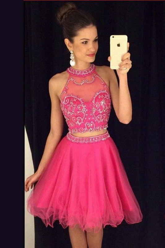 Hot-selling Jewel Short Two Piece Rose Homecoming Dress with Beading RS528