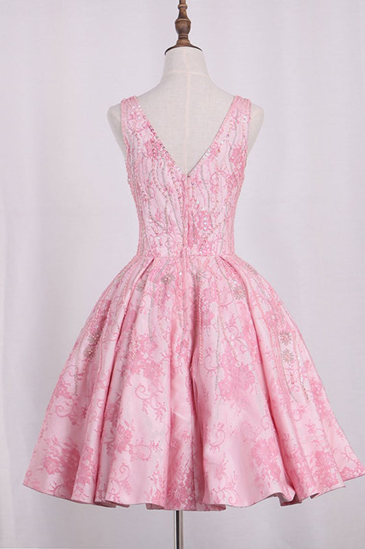 2024 V Neck Lace A Line Homecoming Dresses With Beading Above Knee Length