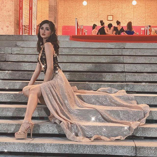 Sexy A Line Long Sweep Train Prom Dresses, Top Black Evening Dresses SRS15328