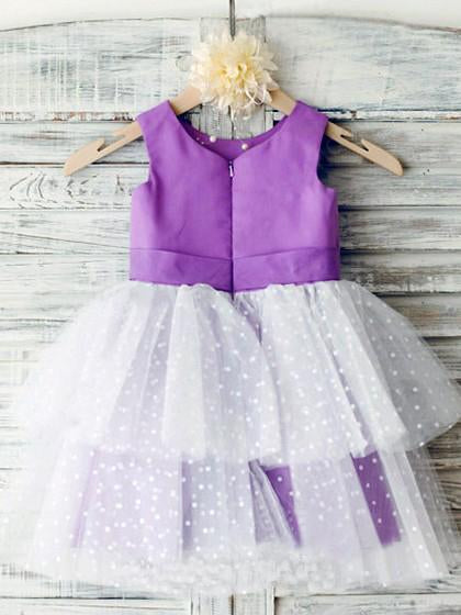 Ball Gown Ivory Scoop Neck Satin Purple Tulle Ankle-length Tiered Child Flower Girl Dresses RS736