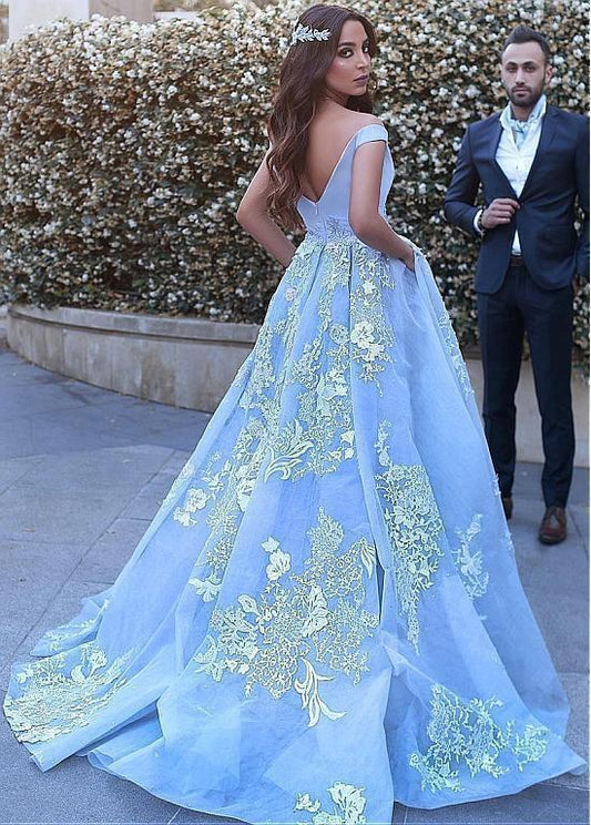 Wonderful Off-the-shoulder Ball Gown Formal Blue Lace Appliques Long Quinceanera SRS14547