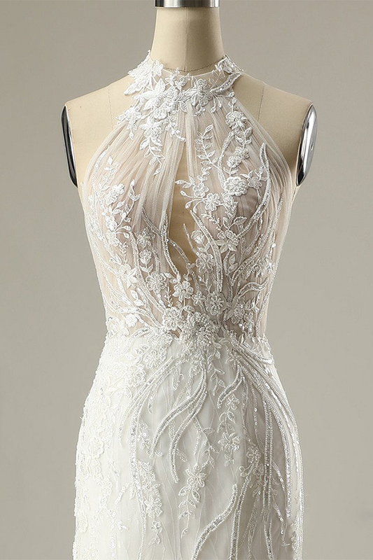 Mermaid Sleeveless Appliques High Collar Wedding Dress
