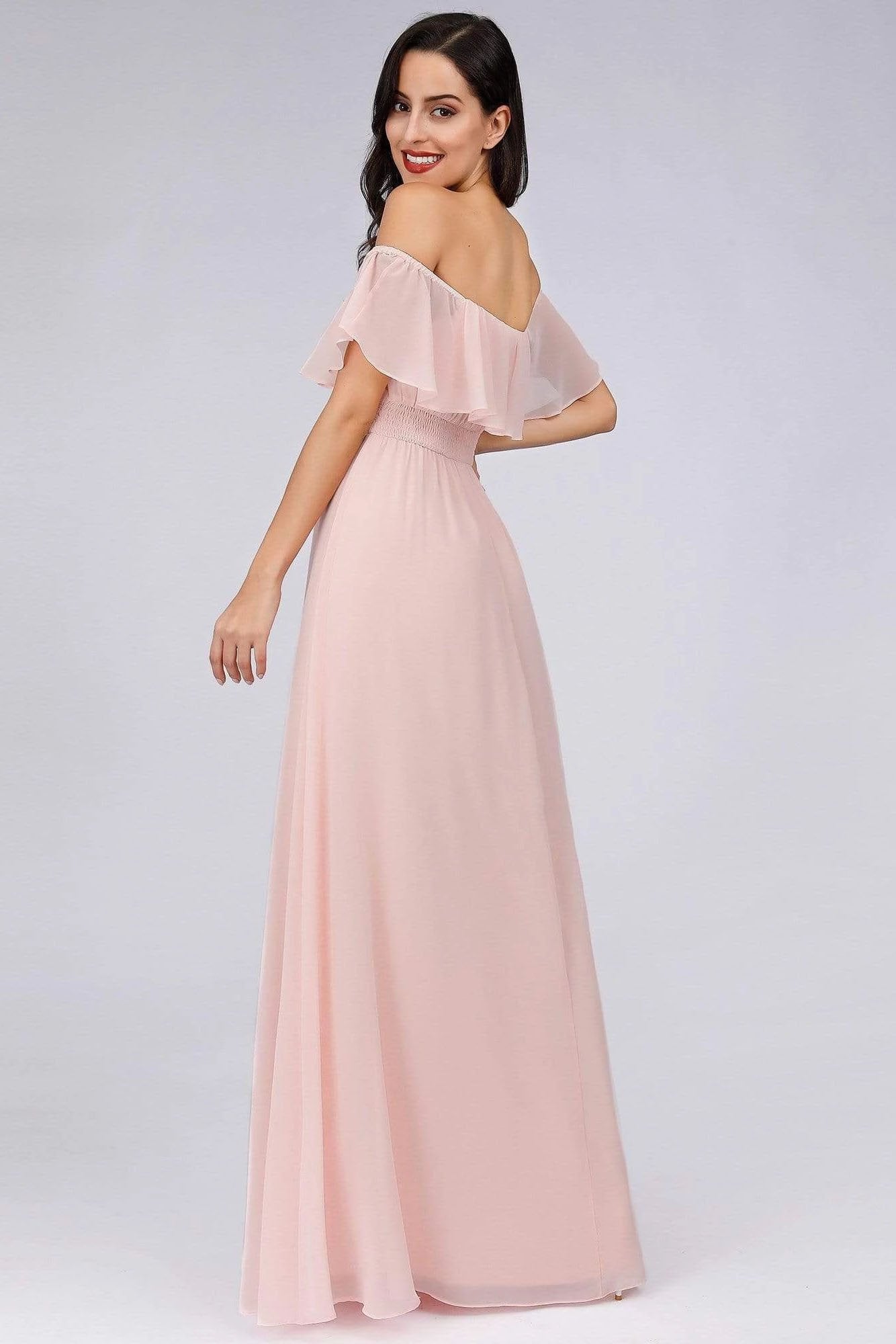 Charming Off Shoulder Ruffle Pink Chiffon Long Prom Dresses Bridesmaid Dresses SRS15114