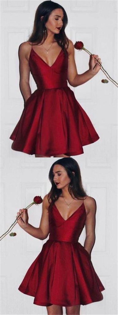 Hot Sale Janae Homecoming Dresses Satin Red Spaghetti Straps V-Neck A-Line Cheap CD10