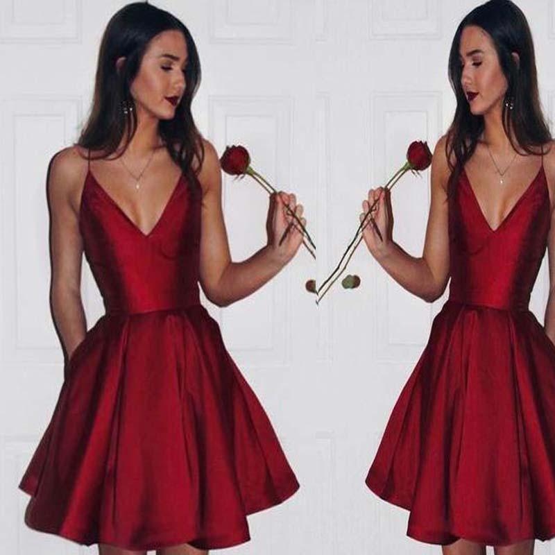 Hot Sale Janae Homecoming Dresses Satin Red Spaghetti Straps V-Neck A-Line Cheap CD10