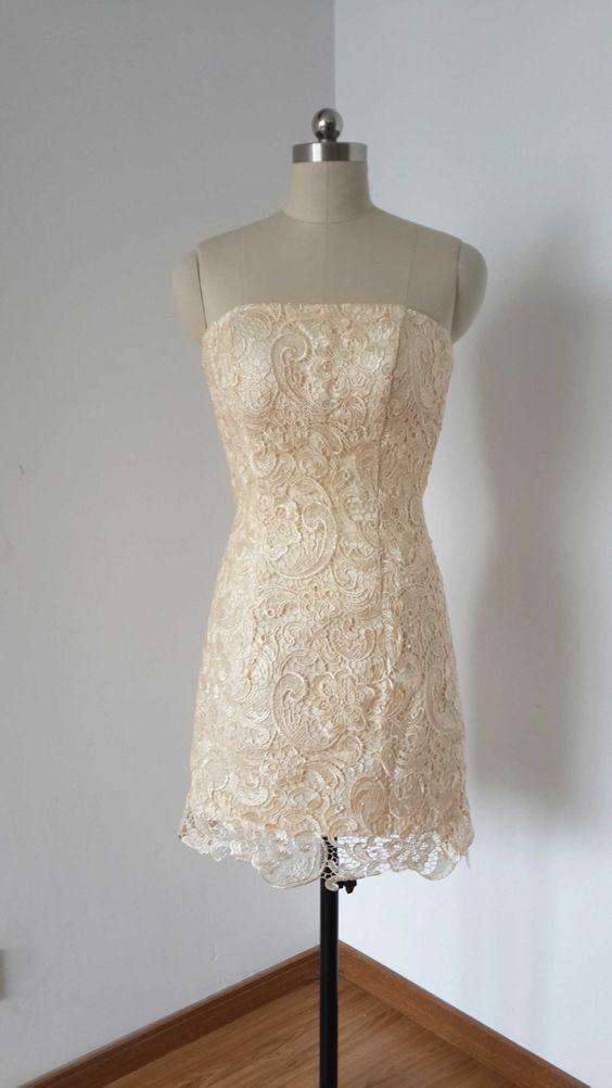 Strapless Champagne Homecoming Dresses Eliana Lace Short CD10058