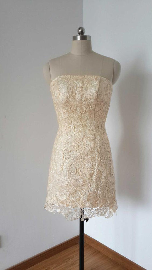 Strapless Champagne Homecoming Dresses Eliana Lace Short CD10058