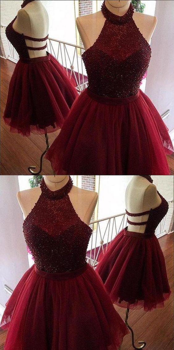 Burgundy Halter Party A Line Naomi Homecoming Dresses Dress CD101