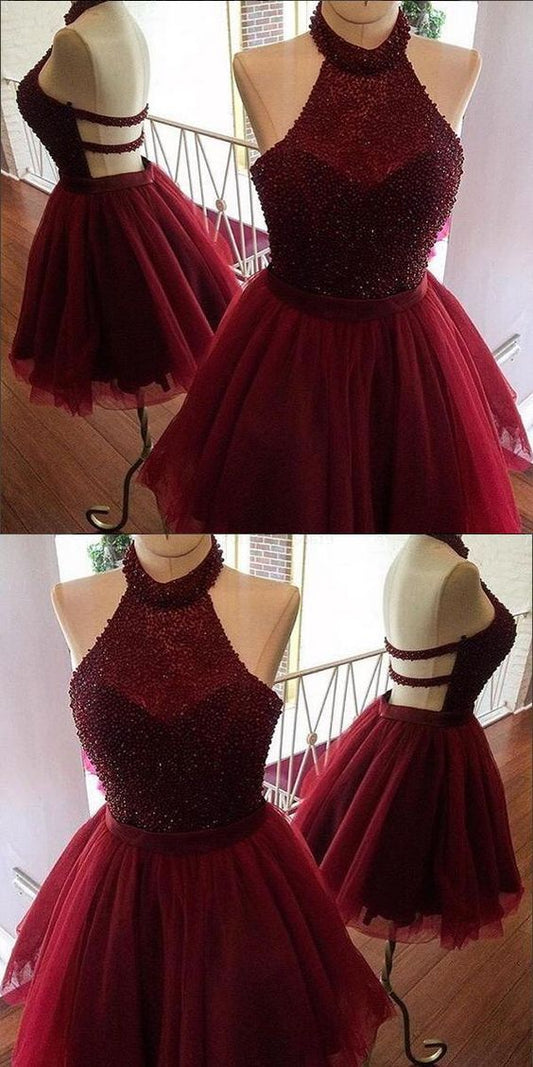 Burgundy Halter Party A Line Naomi Homecoming Dresses Dress CD101