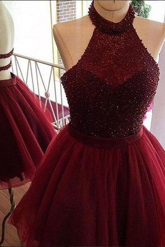 Burgundy Halter Party A Line Naomi Homecoming Dresses Dress CD101