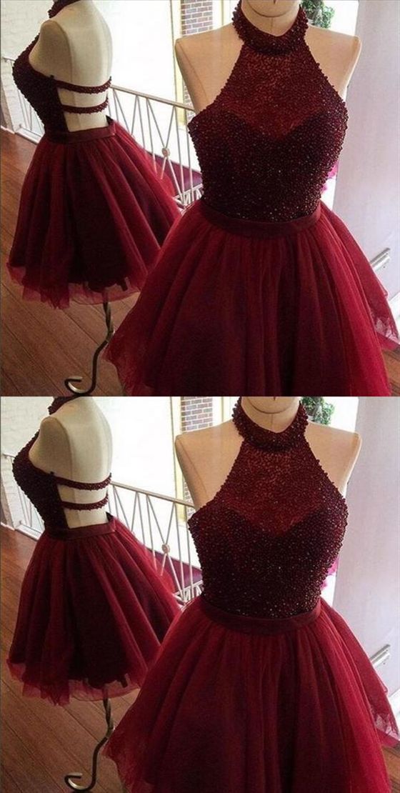 Burgundy Halter Sleeveless Backless Cocktail Homecoming Dresses Pamela Short Dresses CD10224
