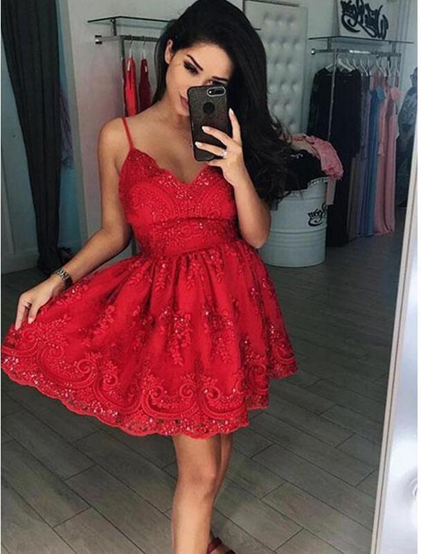 Homecoming Dresses Scarlett Lace Cocktail Appliques Short Red Straps Dress CD10506