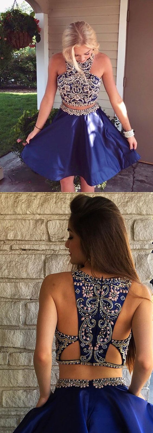 Two Piece Short Navy Blue Homecoming Dresses Lillianna Dresses Beaded Short Dancing Dresses CD1082