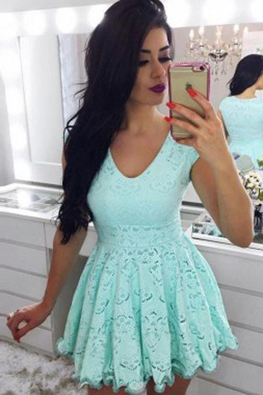 Popular Short Mint Green Homecoming Dresses Annalise Lace Capped Sleeve Short Hollow Party Dress CD1092