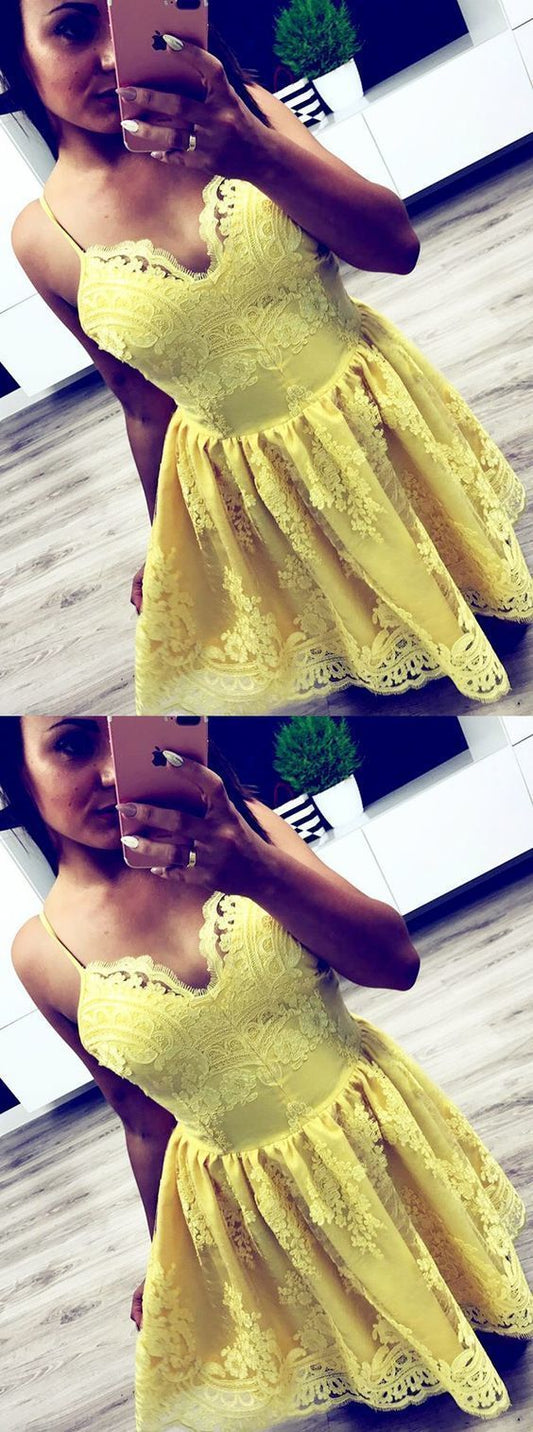 Lace Homecoming Dresses Destiney Yellow Short Simple Short CD1100