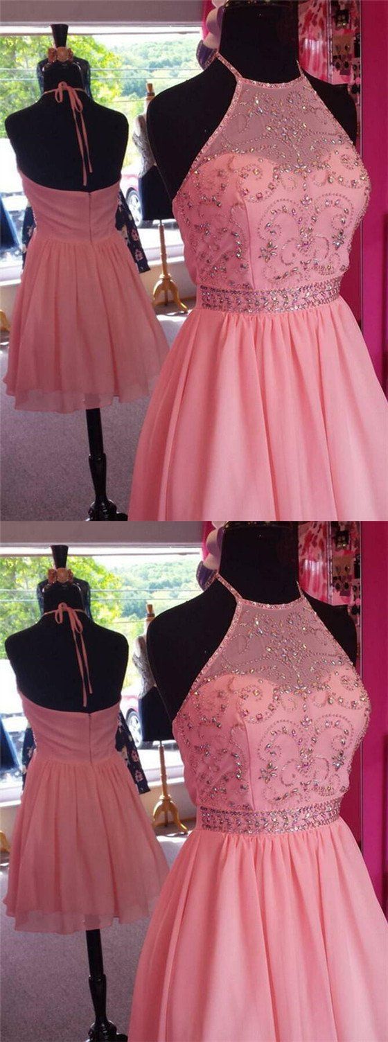 Halter Top Beading Open Pink Homecoming Dresses Chiffon Kiera Back A-Lin Short Cheap CD111
