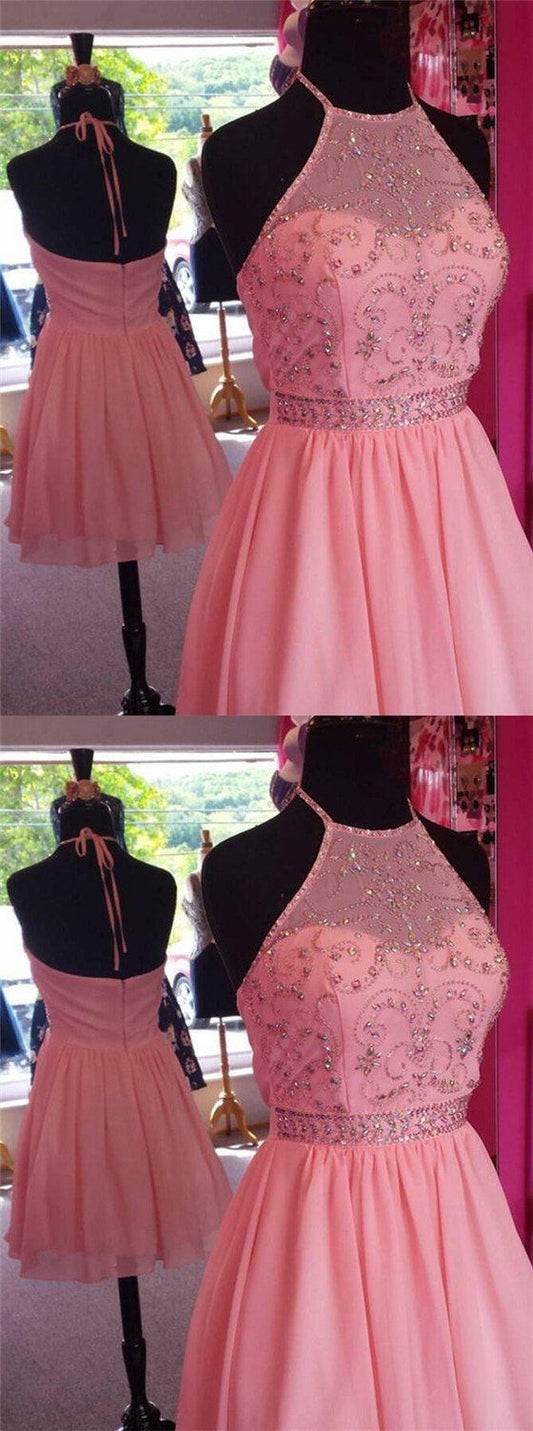 Halter Top Beading Open Pink Homecoming Dresses Chiffon Kiera Back A-Lin Short Cheap CD111