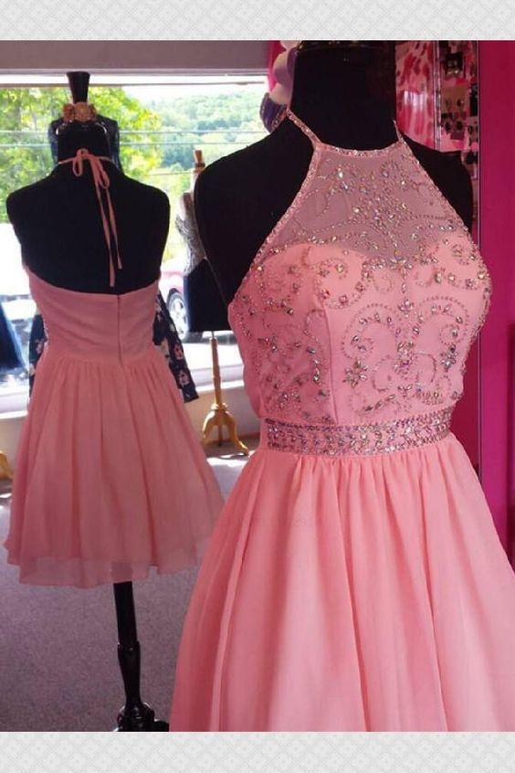 Halter Top Beading Open Pink Homecoming Dresses Chiffon Kiera Back A-Lin Short Cheap CD111