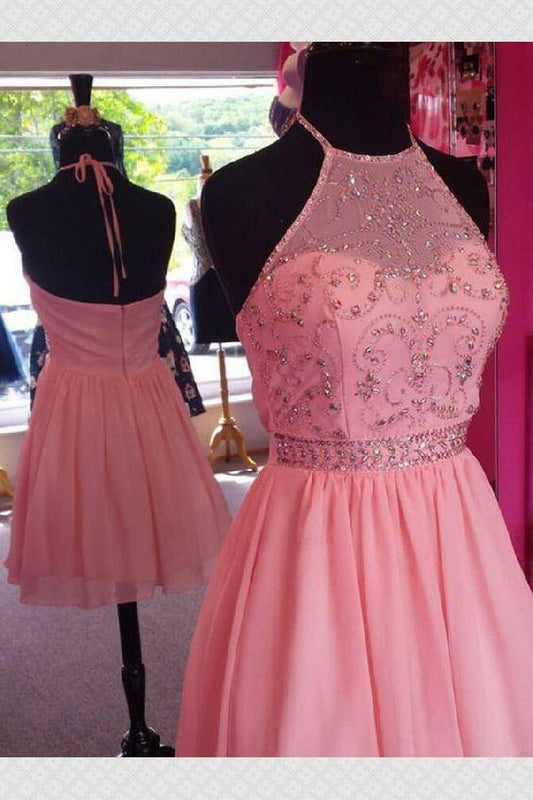 Halter Top Beading Open Pink Homecoming Dresses Chiffon Kiera Back A-Lin Short Cheap CD111