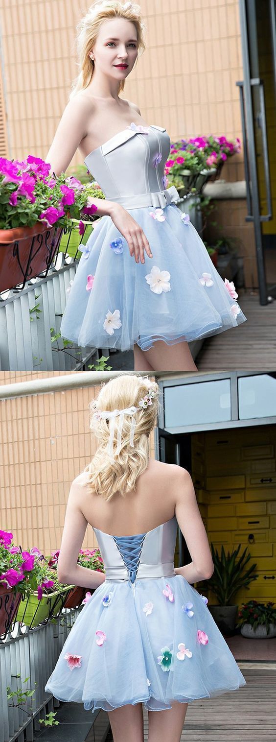 Homecoming Dresses Saige A-Line Strapless Short Light Blue Tulle With Flowers Simple CD1111