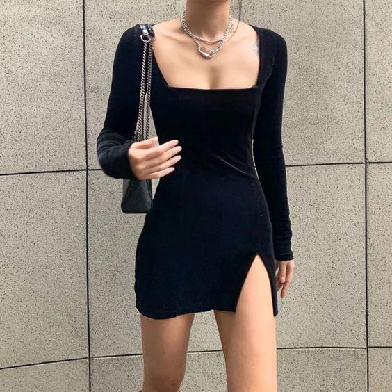 Black Velvet Long Homecoming Dresses Bridget Sleeves CD11170