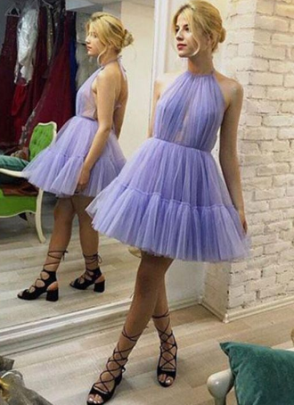 Unique A-Line Halter Savannah Homecoming Dresses Backless Pleated Lavender Tulle Formal CD1122