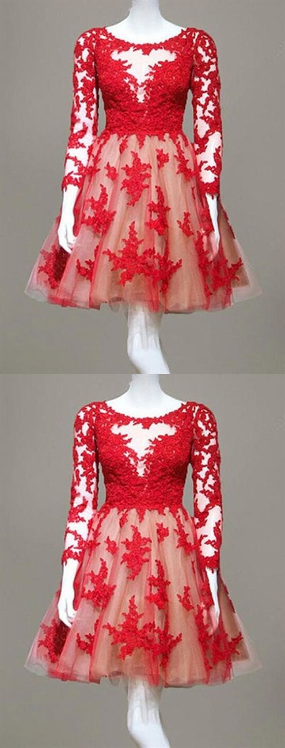 Red Scoop Neck Long Sleeves Short Mara Homecoming Dresses Cocktail Dresses CD1129