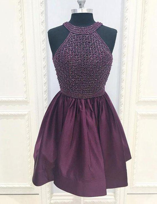 Halter Short Purple Cocktail Karen Homecoming Dresses With Beading Dress CD11993