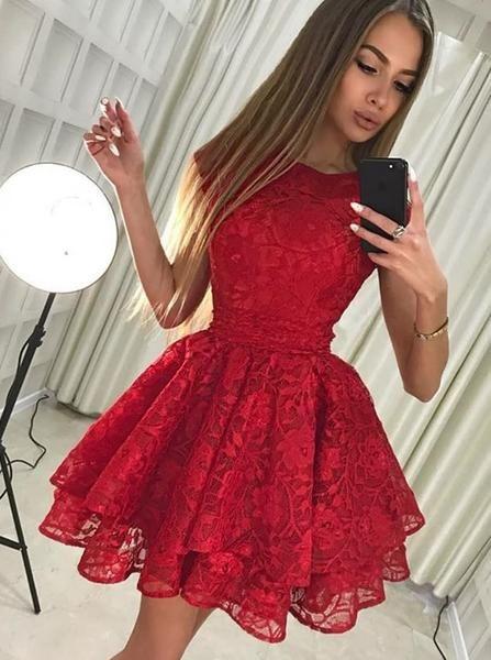 Pretty Round Neck Short Jasmine Lace Homecoming Dresses Cheap Red Party Dresses Cute CD121