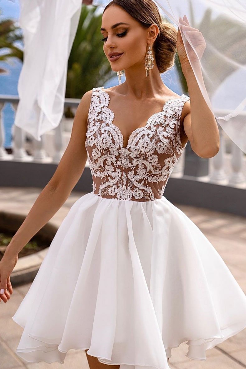 White V Neck Tulle Short Dress White Cocktail Lace Homecoming Dresses Anna Dress CD12808