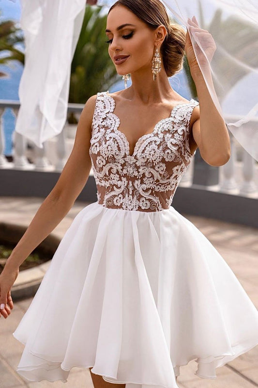White V Neck Tulle Short Dress White Cocktail Lace Homecoming Dresses Anna Dress CD12808