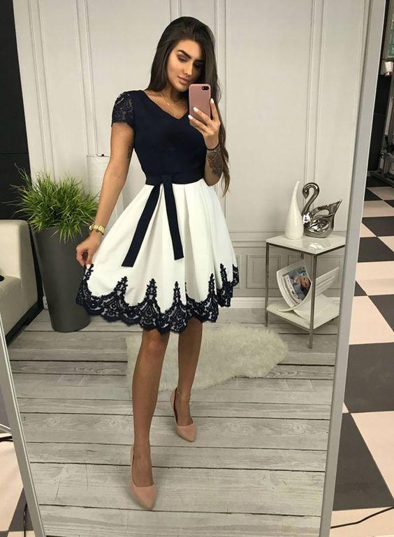 Cute V Homecoming Dresses Kamryn Lace Neck Black And White Short CD1294