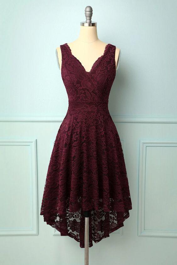Burgundy V-Neck Homecoming Dresses Krystal Lace CD13181