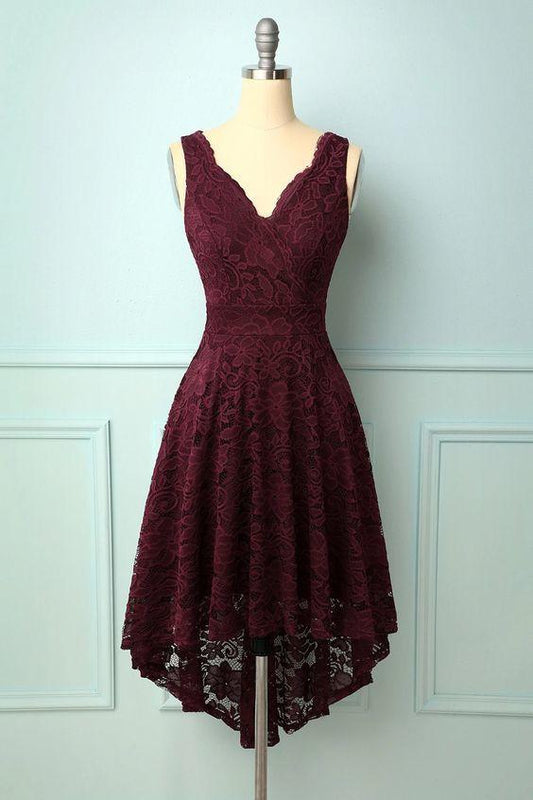 Burgundy V-Neck Homecoming Dresses Krystal Lace CD13181