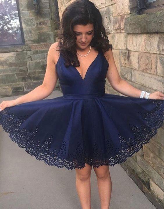A-Line V Neck Mara Homecoming Dresses Navy Blue Short CD13833