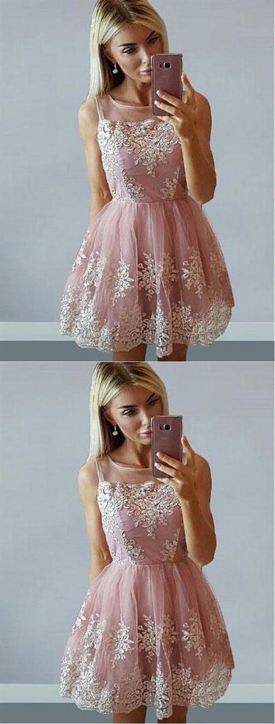 Sleeveless Dresses Cheap Cocktail A Line Pink Lace Beatrice Homecoming Dresses CD14035