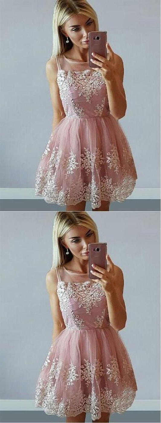 Sleeveless Dresses Cheap Cocktail A Line Pink Lace Beatrice Homecoming Dresses CD14035