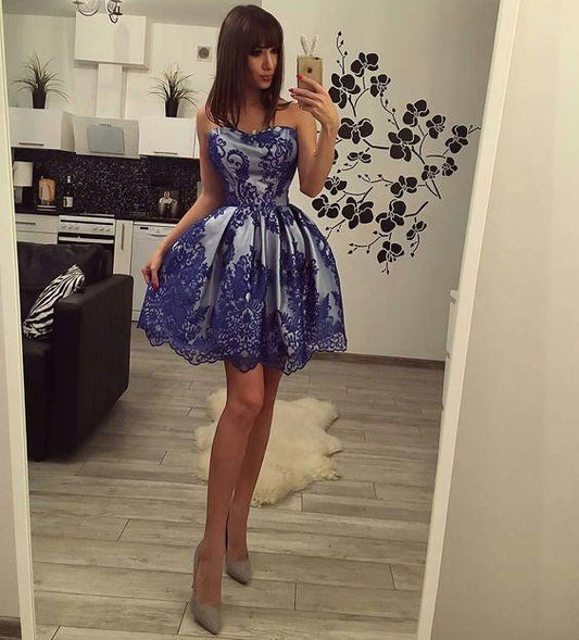 Sweetheart Short Ball Gown Party Dress Cocktail Lace Homecoming Dresses Royal Blue Eliza With Overlay CD14069
