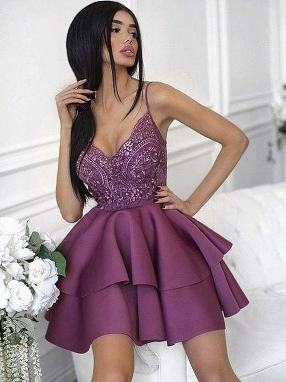 Sweetheart Neck Short Purple Dresses Short Nylah Homecoming Dresses Lace Cocktail Purple Graduation Dresses CD1447