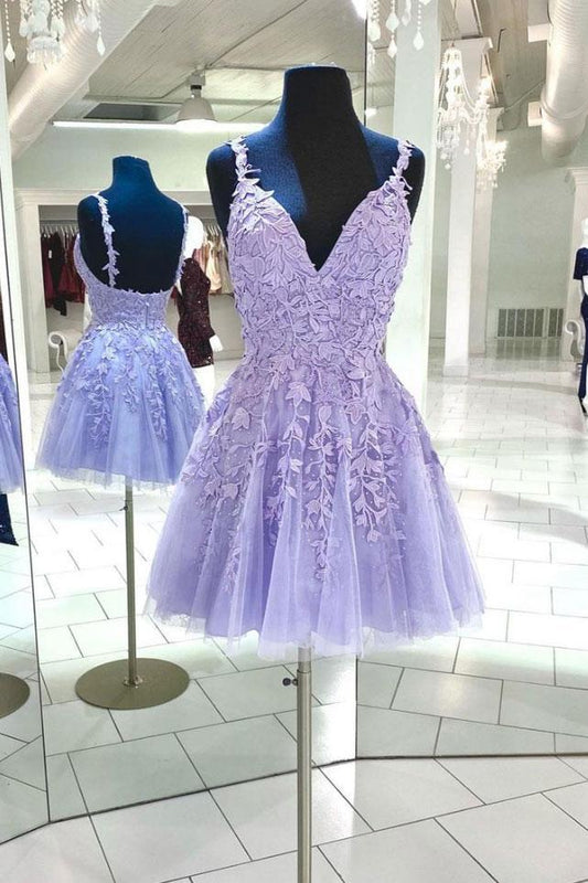 Purple V Neck Nylah Cocktail Lace Homecoming Dresses Tulle Short Dress CD14994