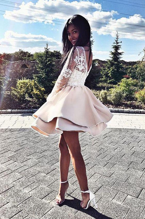 Cute Round Neck White Long Sleeves Champagne Short Quinceanera Dresses Short Satin Homecoming Dresses A Line Braelyn Lace Party Dresses CD150