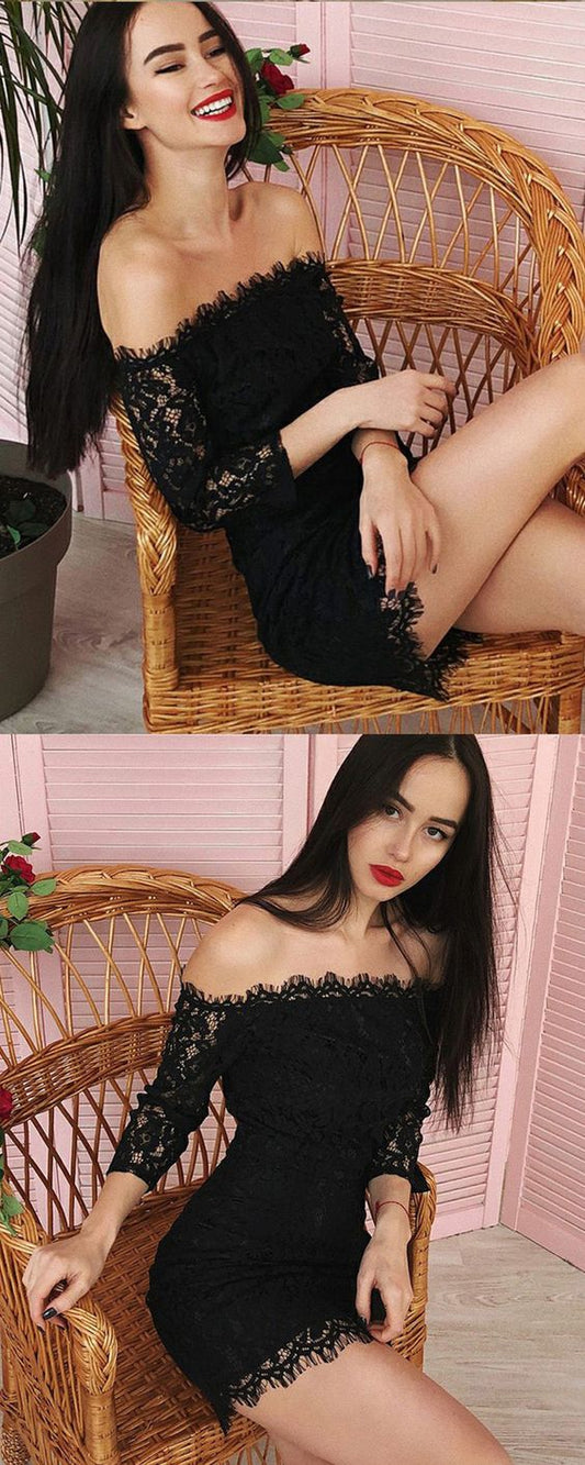 Off The Shoulder Black Homecoming Dresses Janiah Lace Tight Short CD1504