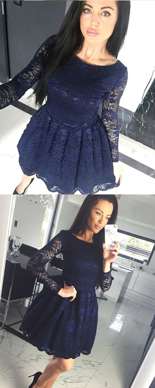 Bateau Navy Blue Short Lace Savannah Homecoming Dresses With Long Sleeves CD1508