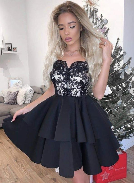 Black Short Homecoming Dresses Ali Lace Satin CD15251