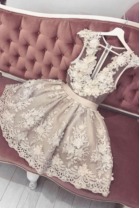 Cute V Neck Tulle Breanna Lace Homecoming Dresses Short Formal Dress CD1601