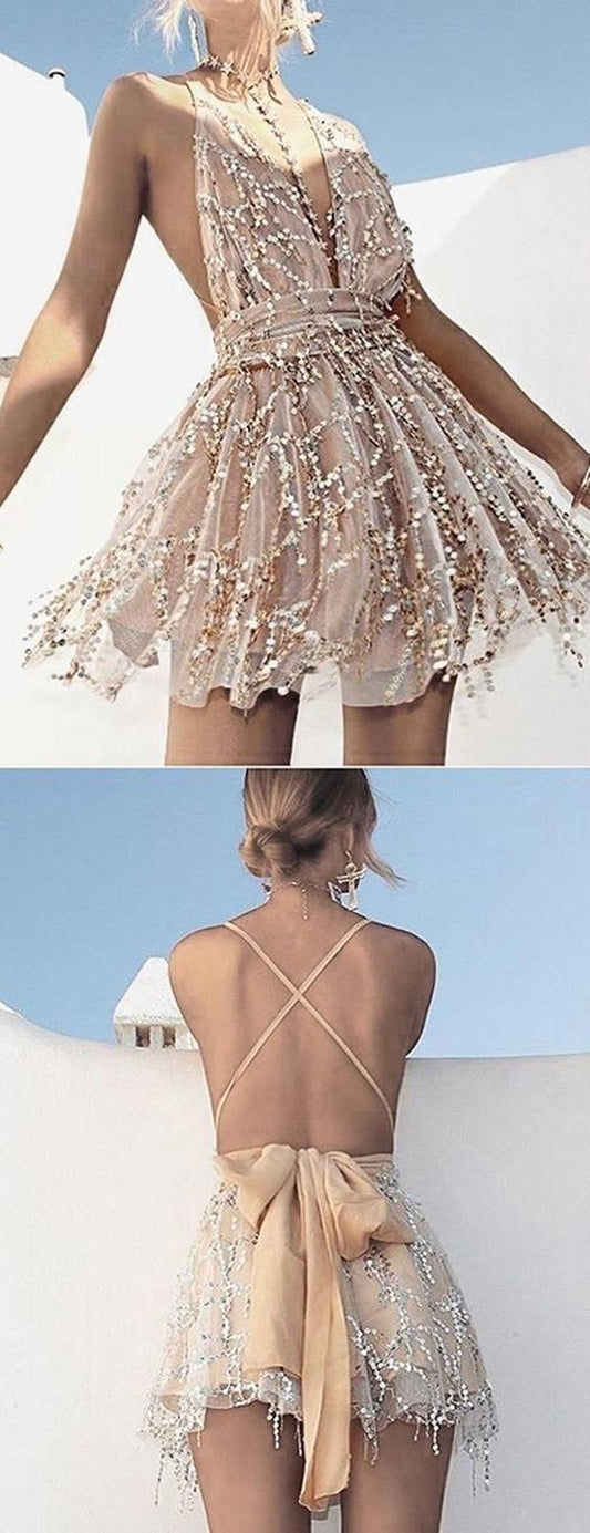 A-Line Homecoming Dresses Lace Valery Short Deep V-Neck -Up Backless CD166