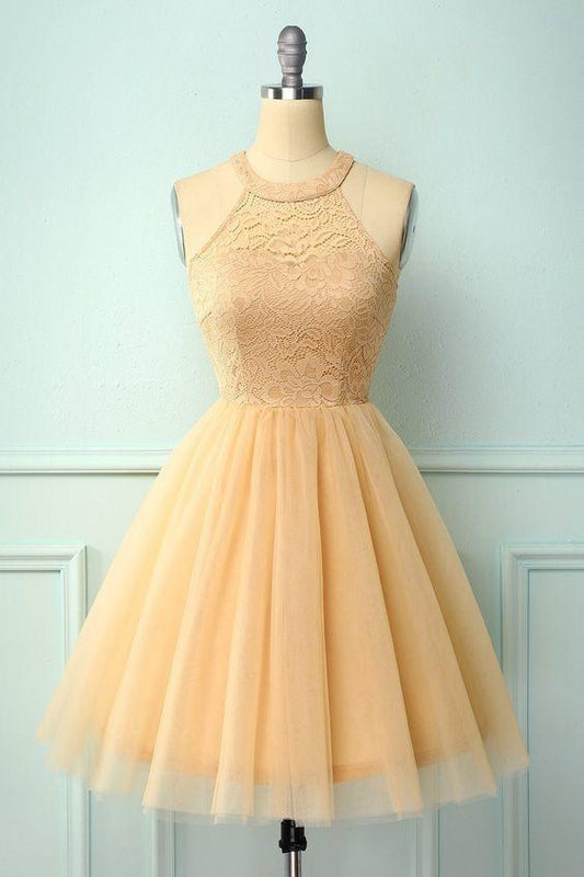 Halter Champagne Homecoming Dresses Lace Mariyah CD17335