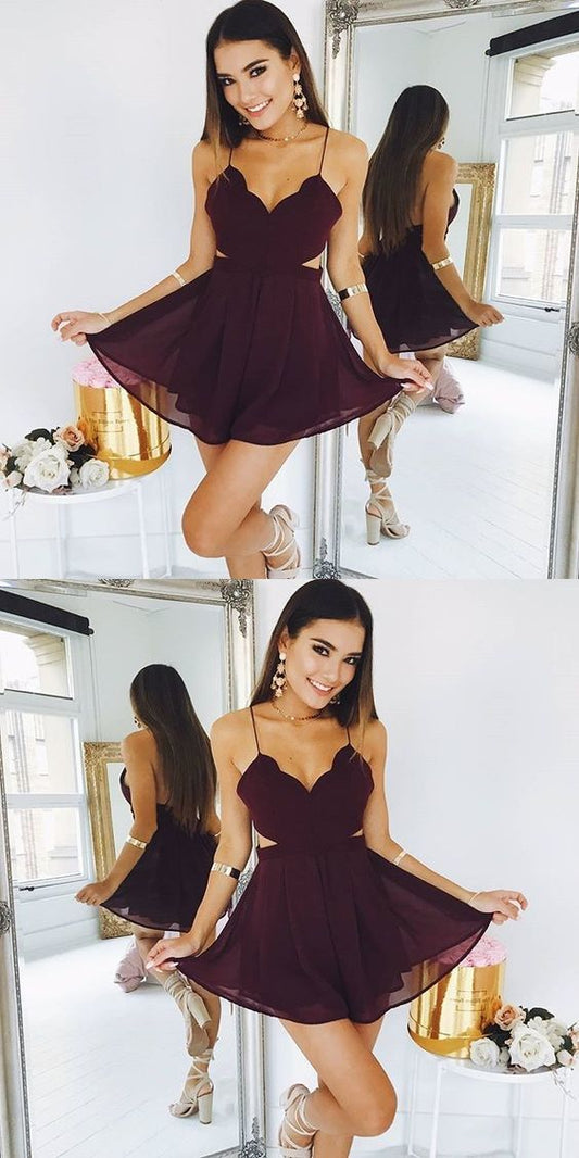 Cute Homecoming Dresses Chiffon Briana Burgundy Party Dress Spaghetti Strap Backless Cheap CD19