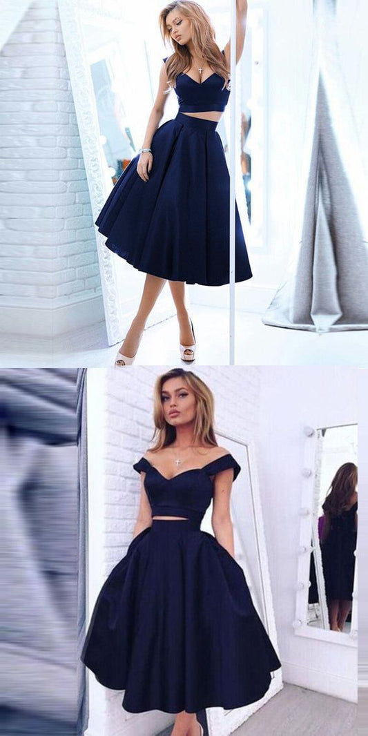 Elegant Off-The-Shoulder Two-Piece Tea-Length Homecoming Dresses Brisa Navy Cheap CD20